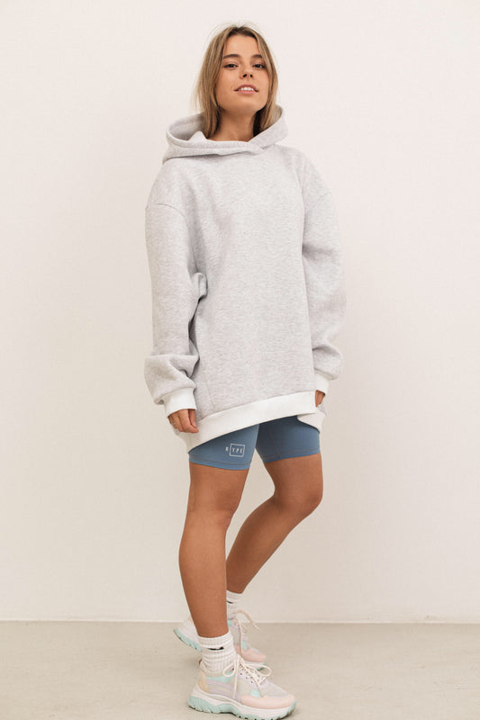 Gray melange plain oversized fleece hoodie with pockets