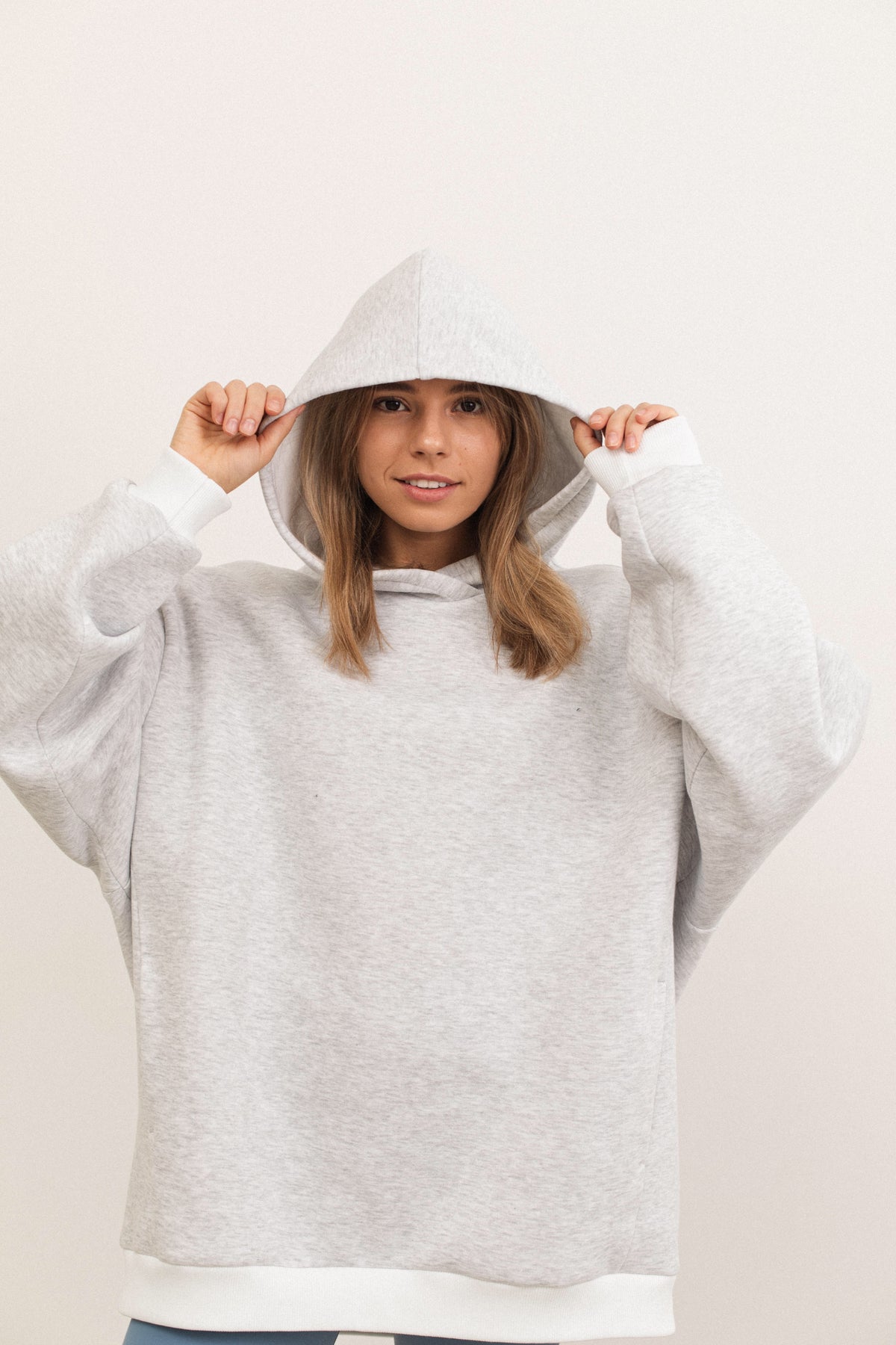 Gray melange plain oversized fleece hoodie with pockets