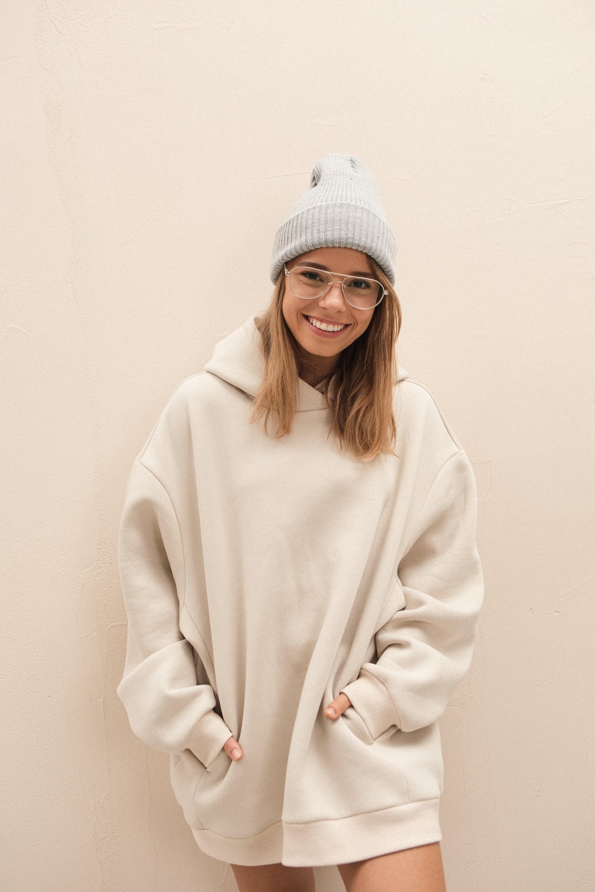 Ivory plain basic oversized fleece hoodie