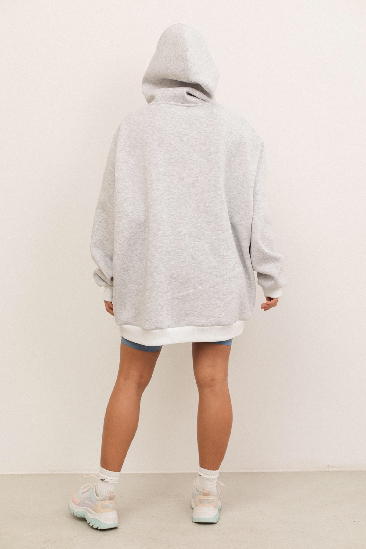 Gray melange plain oversized fleece hoodie with pockets