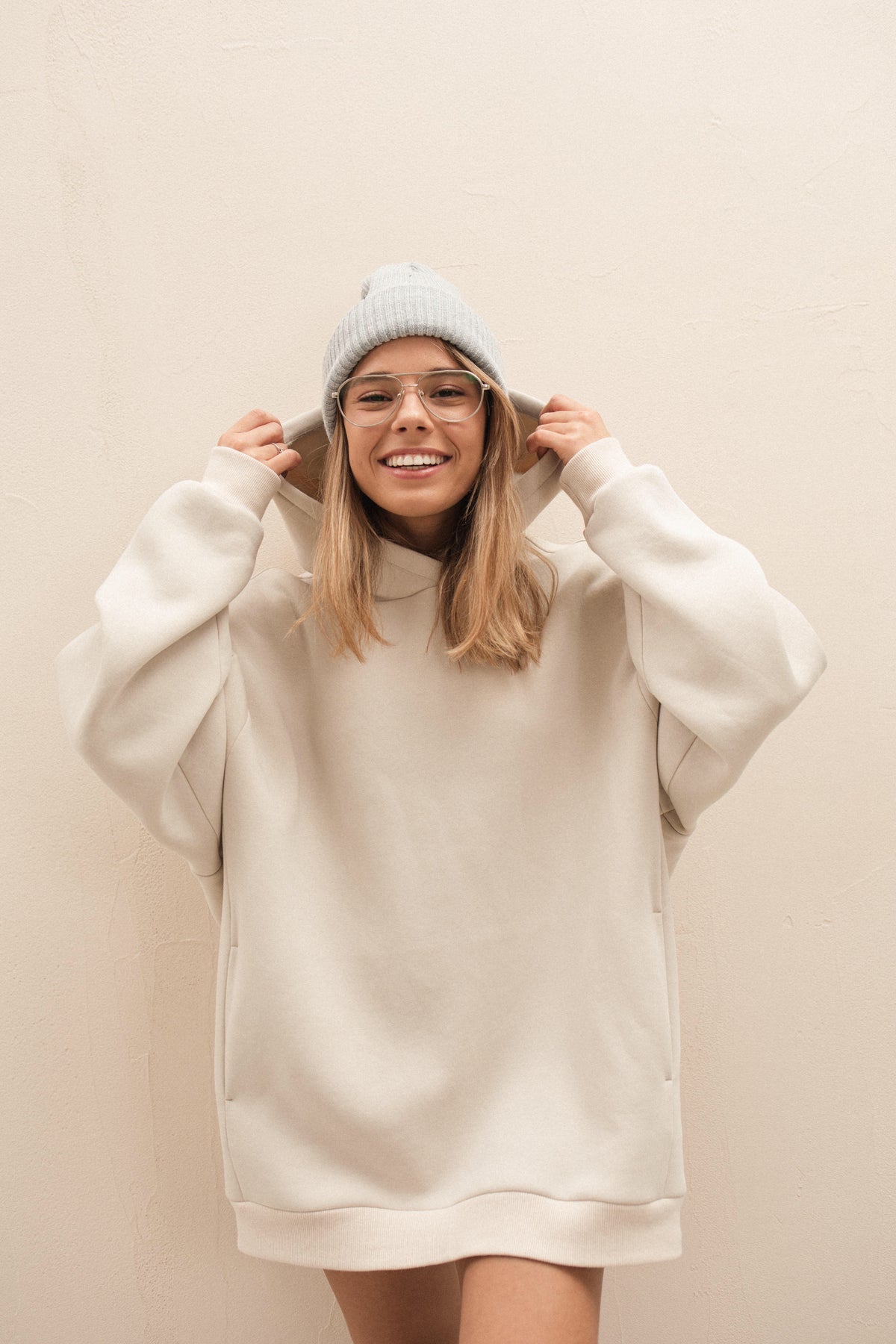 Ivory plain basic oversized fleece hoodie