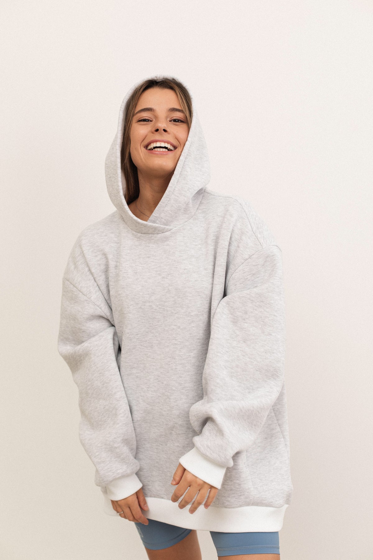 Gray melange plain oversized fleece hoodie with pockets